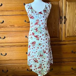 Ruby white with red roses handkerchief hem dress